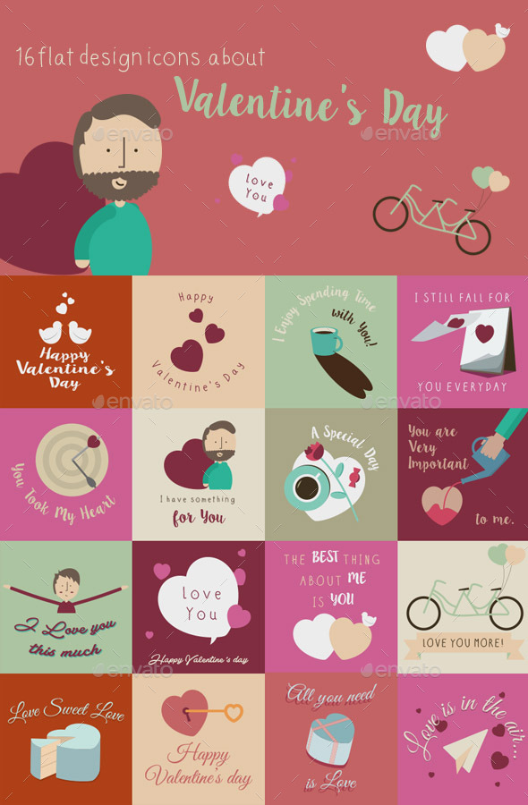 Happy Valentines Day Flat Design Cards