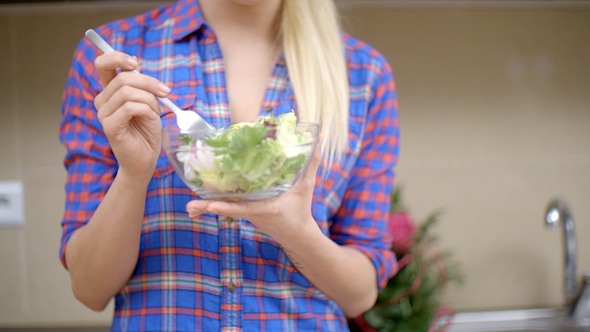 Happy Blond Woman Eating Healthy Vegetable Salad 2