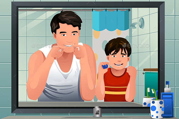 Father Teaching his Son How to Floss