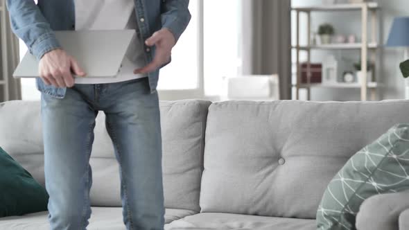 Creative Beard Man Coming Office and Opening Laptop at Work