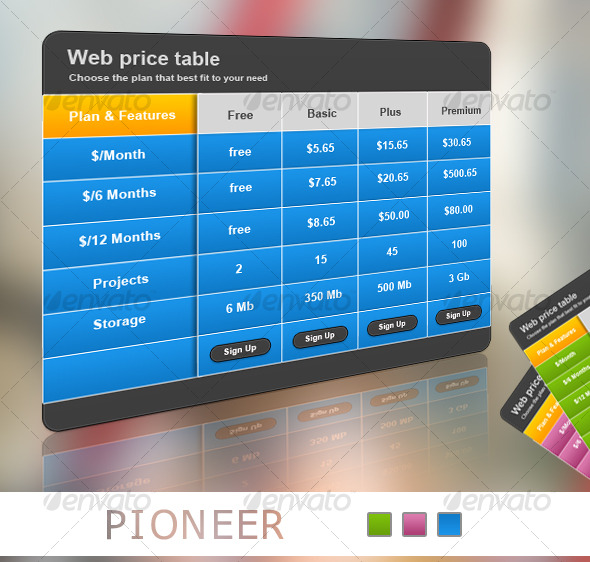 Pioneer Web Pricing Table