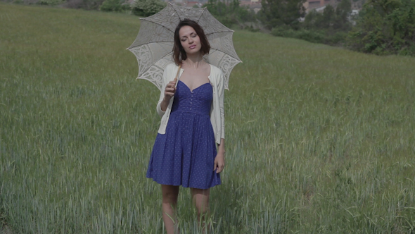 Beautiful Girl With An Umbrella Countryside Spring