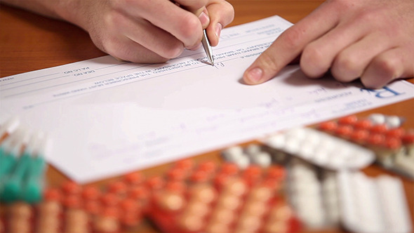 Men Writing A Prescription Form On A Desk