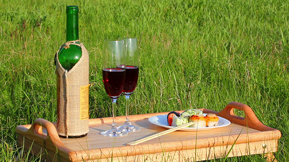 Table With Wine And Japanese Food