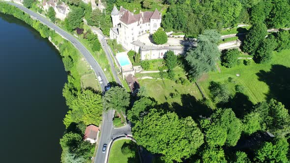 Village of La Roque-Gageac in Perigord in France seen from the sky