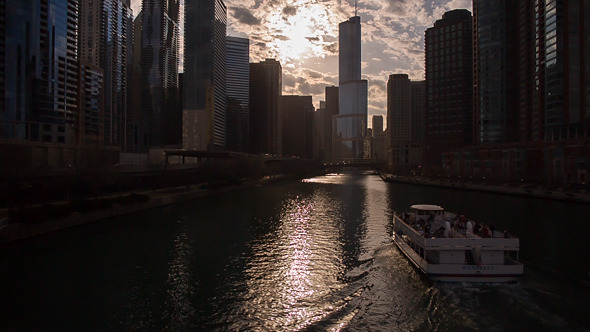 Boat on Chicago River at Dusk