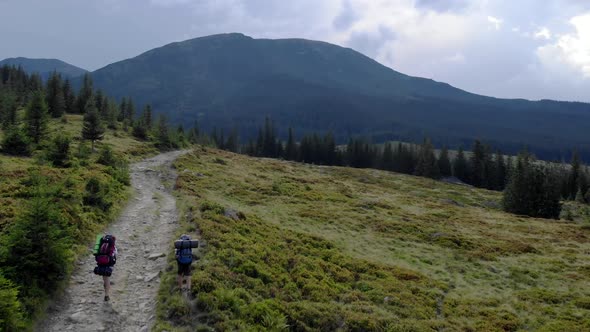 Two Male Tourists with Backpacks Hiking on Mountain Road