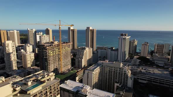 Honolulu and Waikiki Beach Aerial Push towards the Ocean