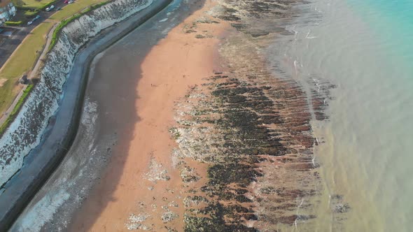 Drone aerial view of the beach and white cliffs, Margate, England, UK