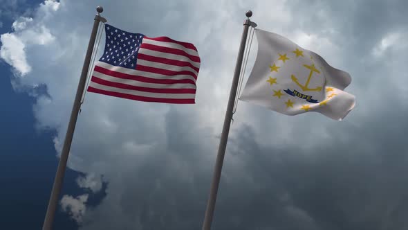 Waving Flags Of The United States And The Rhode Island State 2K