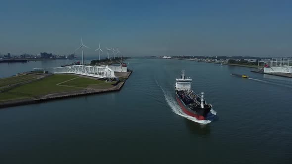 A tanker passes the Maeslantkering storm surge barrier in the Netherlands.