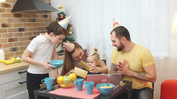 Happy Lovely Family Have Breakfast Together at Home