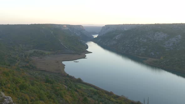 Panoramic left of Krka River and cliffs