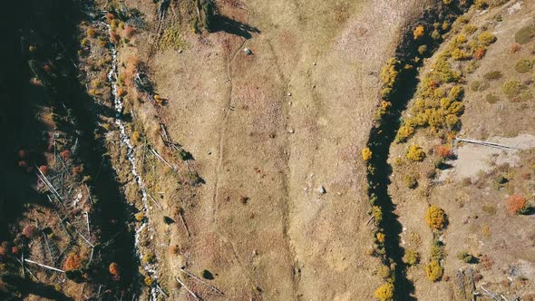 A group of people rise in the mountains, Top view from the drone, Trail through yellow grass