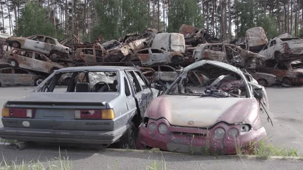 War in Ukraine a Dump of Burned Cars in Irpin Bucha District