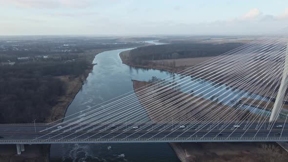 Large Bridge Over River with Cars Traffic