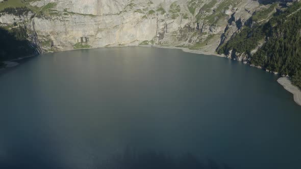 Aerial view of the Oeschinensee Lake, Bern, Switzerland. alt