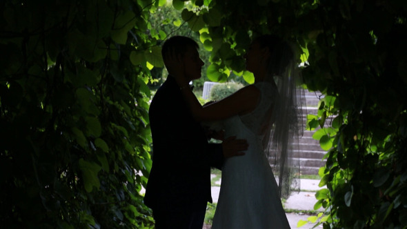 The Bride and Groom Kiss in The Shade Garden