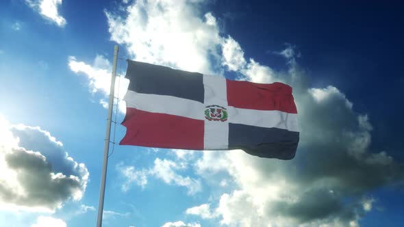 Flag of Dominican Republic Waving at Wind Against Beautiful Blue Sky