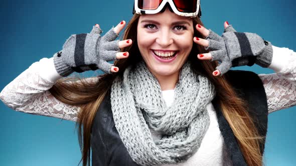 Skier Girl In Warm Clothes Ski Goggles.