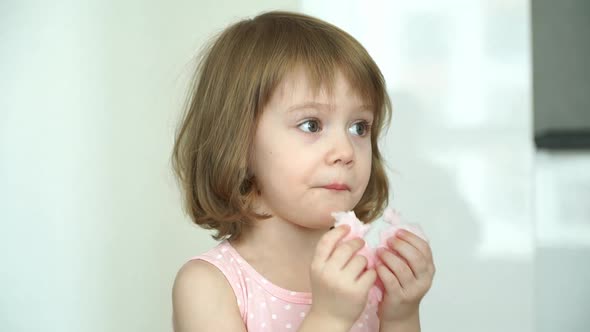 Little Child Girl Eats with Pleasure Pink Cotton Candy Looks at Camera Smiles and Laughs