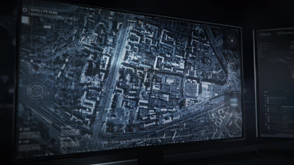 Innovative Spy Satellite Network UI Software Scans Cityscape For Targets alt