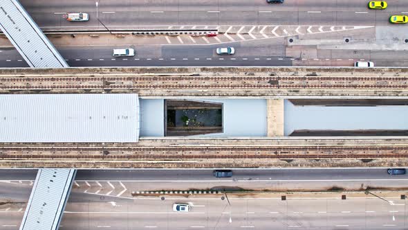 Aerial view over road traffic, lots of cars. Drone. 4K