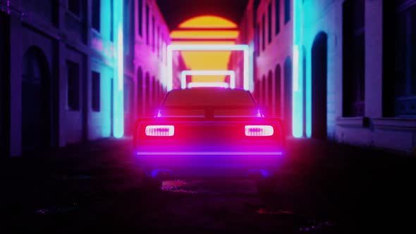 Retro Futuristic Car in Vintage Space City alt