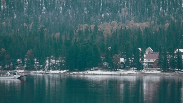 Teletskoe Lake Against Mountains And Village