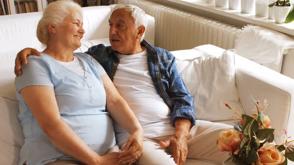 Senior couple romancing in living room