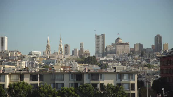 Pan left of buildings and towers, San Francisco