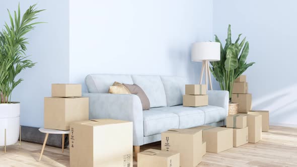 Moving Day Concept With Cardboard Boxes And Rolled Up Carpet In The Living Room
