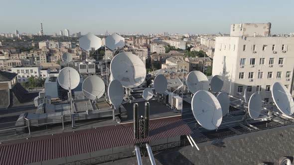 TV Antennas on the Roof of the Building. Aerial. Kyiv, Ukraine, Flat, Gray