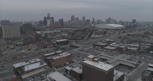 Aerial view of Detroit city landscape in the Eastern Market Detroit area. This video was filmed in 4