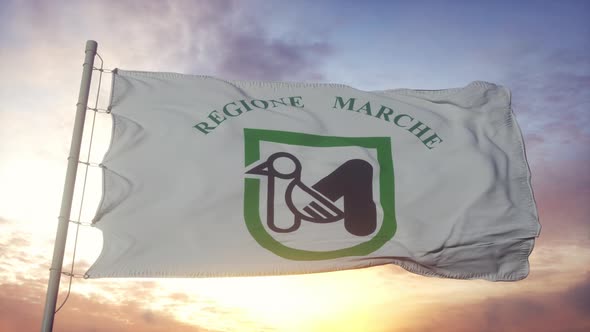 Marche Flag Italy Waving in the Wind Sky and Sun Background