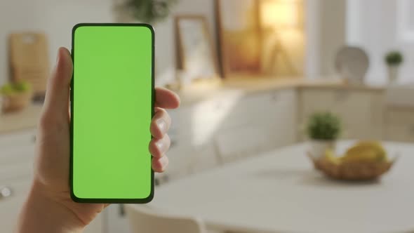 Point of View of Man Holding Chroma Key Green Screen Smartphone Watching Content Without Touching or