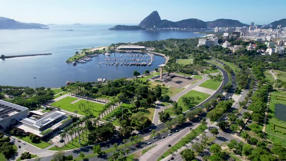 Panning wide view of downtown city of Rio de Janeiro Brazil. Tourism landmark.