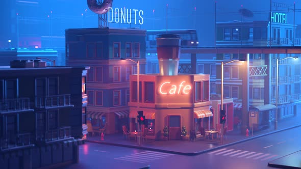 Stylized street corner with coffee shop, neons and vehicles with heavy fog. 4K