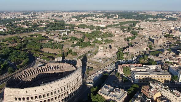 Drone view of Colosseum and Roman Forum in Rome, Italy, Europe