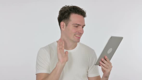 Video Call on Tablet By Young Man on White Background