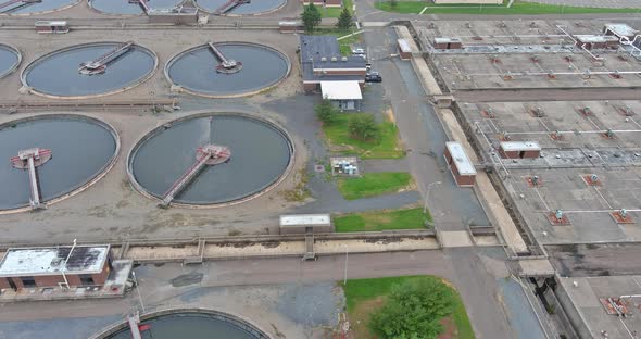 Aerial Top View in Wastewater Treatment Plant Filtration of Dirty Sewage Water