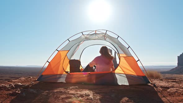 Happy Young Woman Greets New Day in Monument Valley  Female Slowly Waking Up