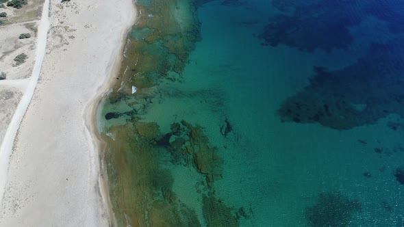 Aliki beach on the island of Naxos in the Cyclades in Greece seen from the sk