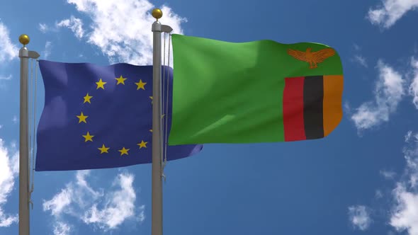 European Union Flag Vs Zambia Flag On Flagpole