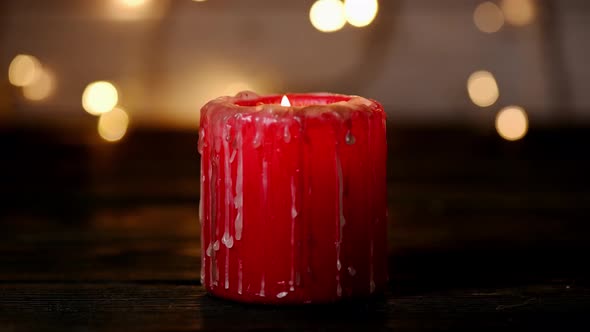 Close Up Shot Christmas Burning Candle Bokeh Background