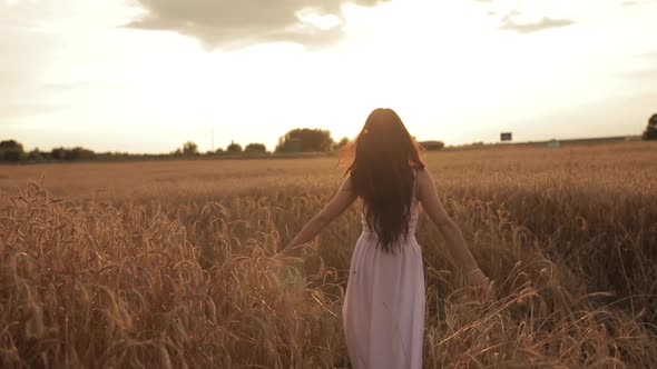 Beautiful Young Woman Enjoys Life Walking on a Wheat Field at Sunset