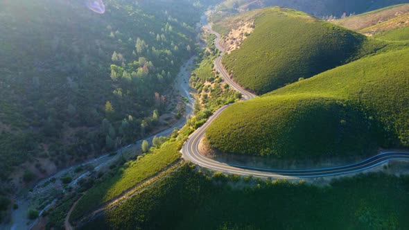 Flight Over the Road in the Mountains of California and Yosemite National Park