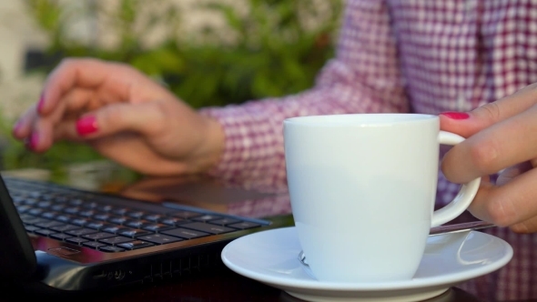 Businesswoman Typing On Laptop Keyboard With Cup