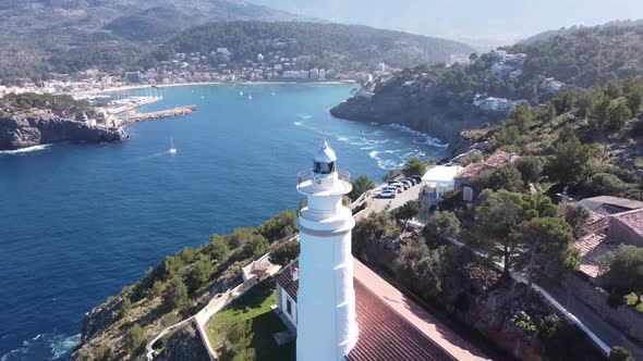 Aerial shoots over beautiful lighthouse located in Mallorca