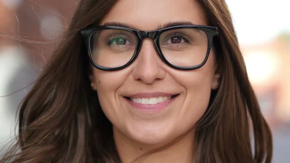 Close Up of Smiling Girl Face in Glasses, Standing Outdoor